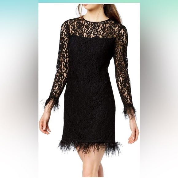 Calvin Klein Women's Long Sleeve Sheath with Feather Trim